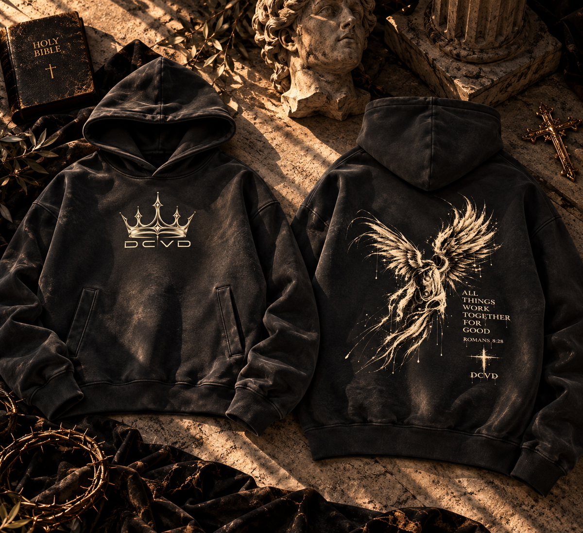 Unisex Sunfade Distressed Boxy Hoodie ROMANS 8:28