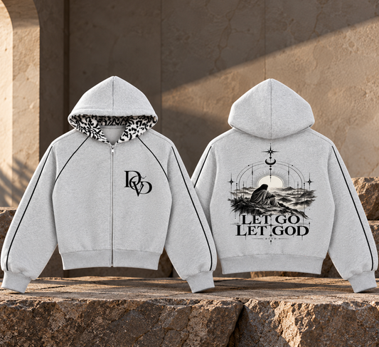 Unisex Boxy Fleece Piping Full Zip Hoodie LET GO , LET GOD