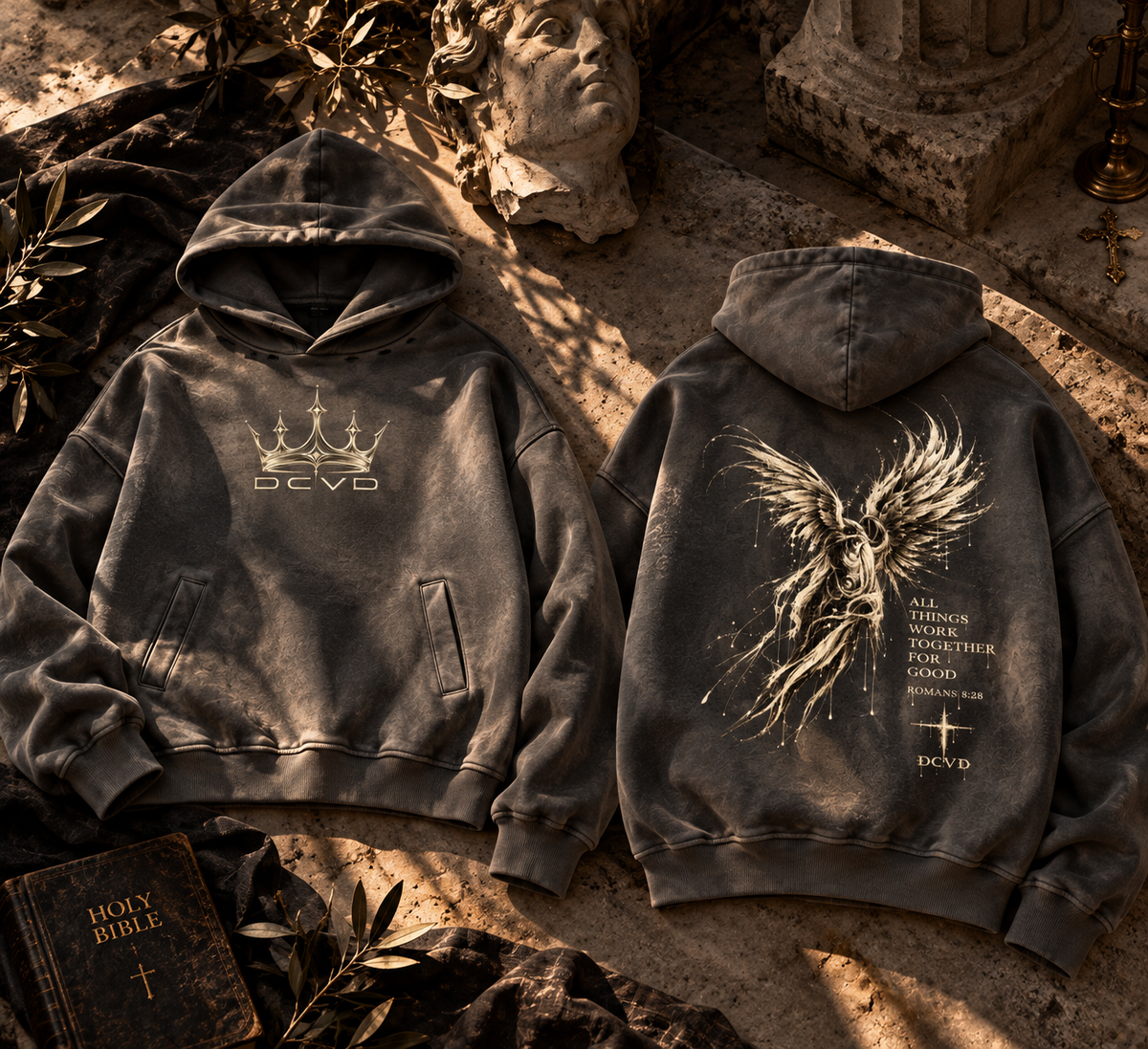 Unisex Sunfade Distressed Boxy Hoodie ROMANS 8:28