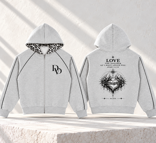 Unisex Boxy Fleece Piping Full Zip Hoodie JOHN 15:12
