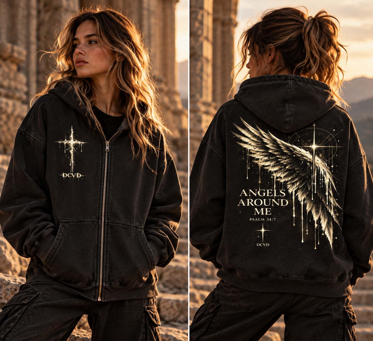 Sunfade Two-way Zipper Boxy Fleece Hoodie PSALM 34:7