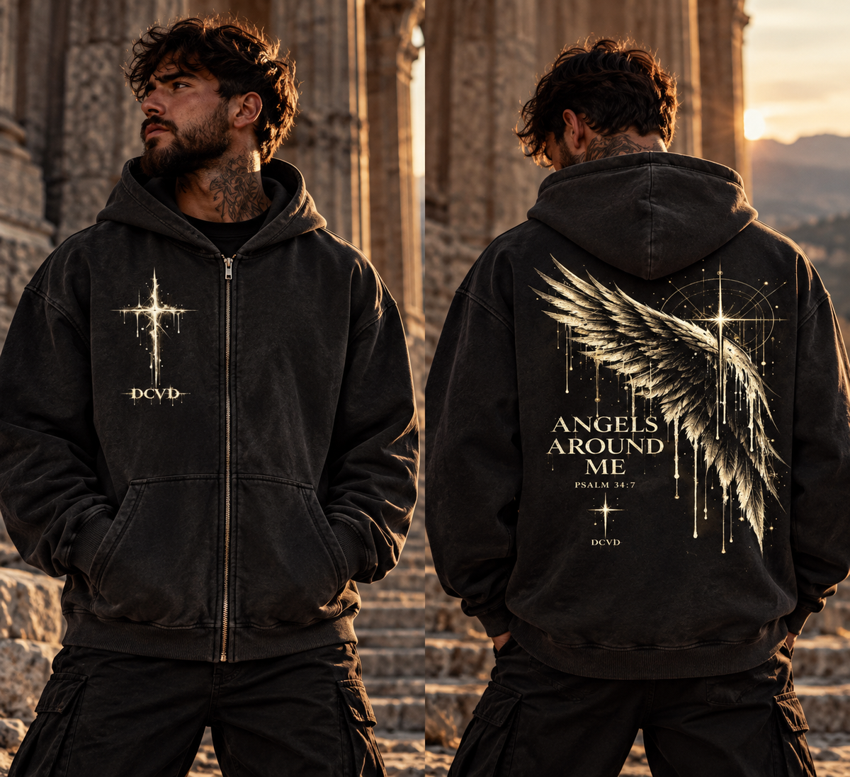Sunfade Two-way Zipper Boxy Fleece Hoodie PSALM 34:7